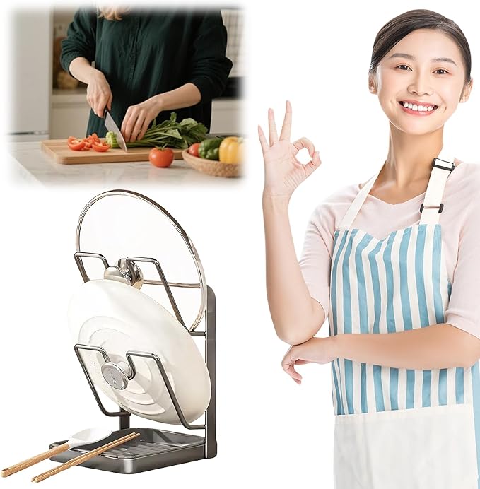 Pot Lid Organizer and Holder, Kitchen Countertop Storage Rack with Removable Drip Tray & Spoon Rest, 2-Tier Space-Saving Stand for Pots and Pans Lids