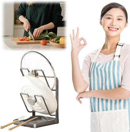 Pot Lid Organizer and Holder, Kitchen Countertop Storage Rack with Removable Drip Tray & Spoon Rest, 2-Tier Space-Saving Stand for Pots and Pans Lids
