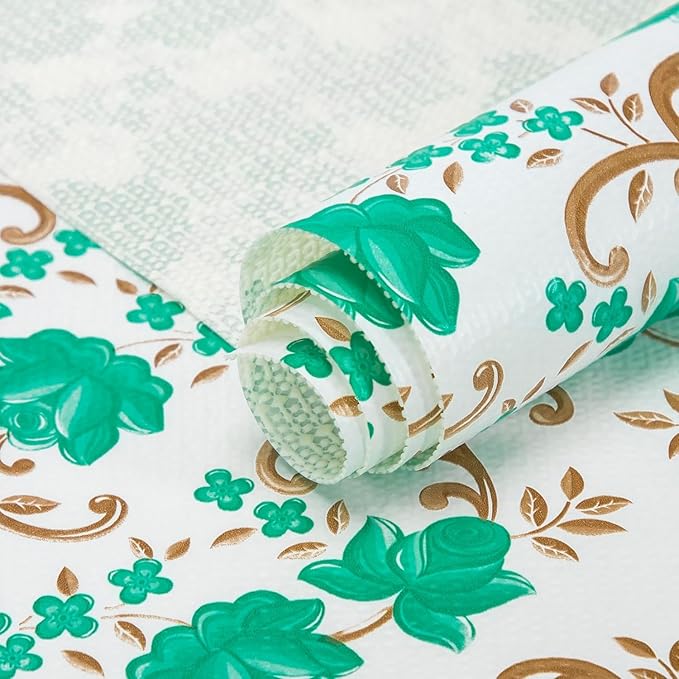 18X96 Inch Shelf Liner for Kitchen Cabinets, PVC Drawer Liner for Dresser Non-Slip Bathroom, Non-Adhesive Cabinet Liner Washable (Green Floral)(2 Roll)