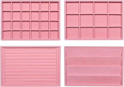 Frebeauty Stackable Velvet Jewelry Organizer Trays for Drawers Inserts Jewelry Storage Tray Display Case, Stud Earrings Bracelets Necklace Rings Accessories Trays for Women(Set of 4)(Pink)