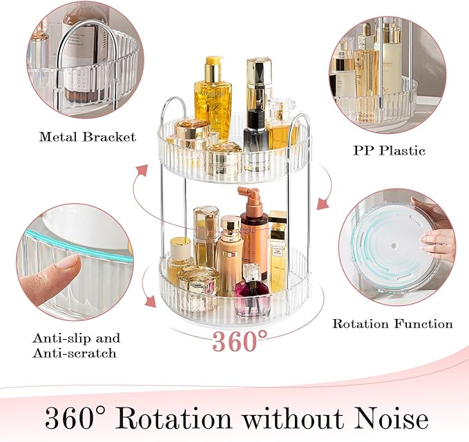 ALUYUYO Rotating Makeup Organizer, 360° Spinning Makeup Storage Holder Rack, Dresser Bathroom Organizer Countertop, Large Capacity Perfume Skincare Lipstick Organizer for Vanity.(2 Tiers, Transparent)