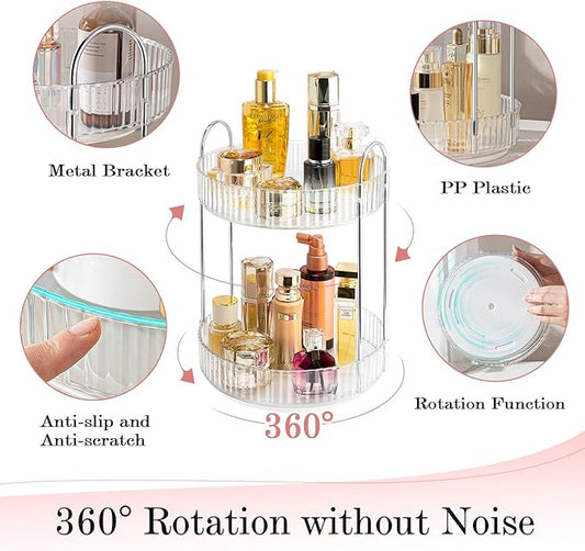 ALUYUYO Rotating Makeup Organizer, 360° Spinning Makeup Storage Holder Rack, Dresser Bathroom Organizer Countertop, Large Capacity Perfume Skincare Lipstick Organizer for Vanity.(2 Tiers, Transparent)
