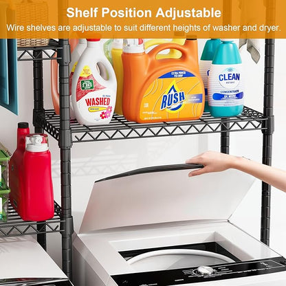 U14 Medium Over the Washer and Dryer Shelves, 4 Tiers Laundry Room Storage and Organizer System, Space Saving Clothes Drying Rack with 2 Clothes Hanger Rods, 57.8"W x 20.5"D x 77.4"H, Black