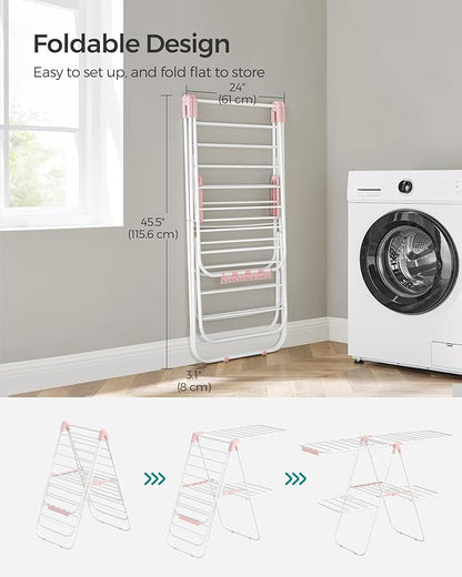 SONGMICS Clothes Drying Rack, Foldable 2-Level Laundry Drying Rack, Free-Standing Laundry Airer, with Height-Adjustable Wings, 33 Drying Rails, Sock Clips, White and Pink ULLR053P01V1