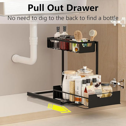 Under Kitchen Sink Organizers and Storage Pull Out 2 Tier Metal Bathroom Cabinet Organizer (Black, 1 Pack)