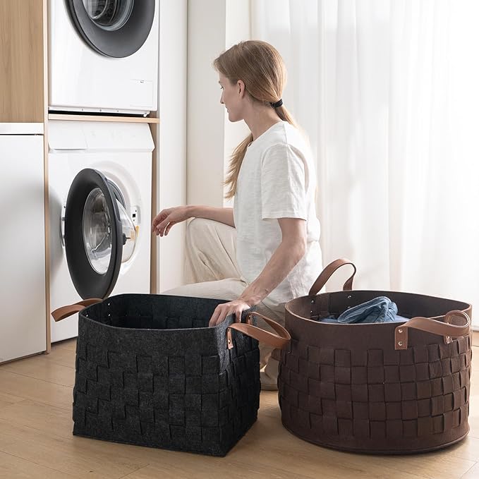 boldmonkey Laundry Basket 16.5 " x13 x13 , Large Rectangular Blanket Basket with Leather Handle, Felt Storage Basket for Living Room, Nursery, Dog Toys-Dark Gray