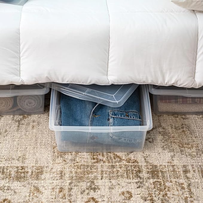 4-Pack Clear 28 Qt. Underbed Plastic Storage Bins with Snap-On Lids & Built-in Side Handles - Stackable, Lightweight, Easy to Carry for Underbed, Closets, Shelves, Pantries