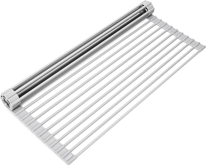 Surpahs 20.5 x 15.5 Inch Roll-Up Dish Drying Rack, Fits Sinks up to 19.5 Inch Wide, Heavy-Duty Premium Silicone, Strong Support, Non-Slip, Heat-Resistant, Warm Gray