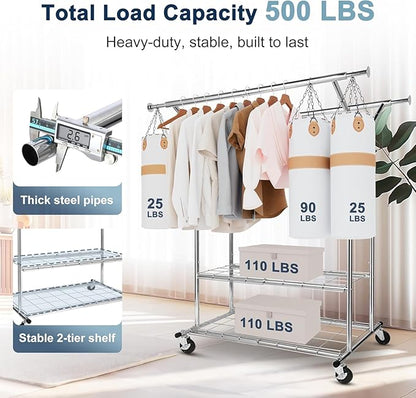 Whitmor Heavy Duty Clothing Rack: Adjustable & Extendable Rolling Garment Rack with Lockable Wheels, Double Rod Clothing Racks with 2 Bottom Shelves, Max Load 500LBS for Hanging Clothes, Chrome