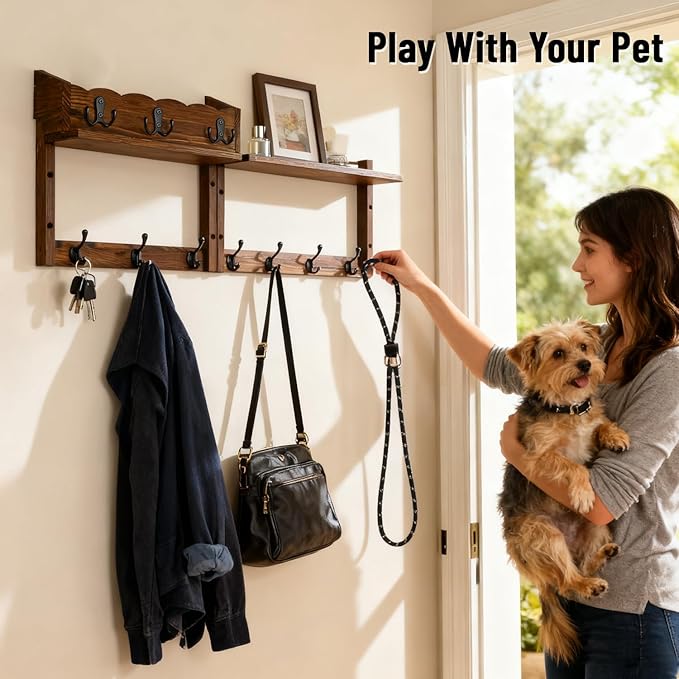 28" Coat Rack Wall Mount with Shelf, Entryway Key Holder Wall Mount Wood Wall Coat Hooks with 7 Hooks 3 Key Hanger, Wall Mounted Coat Rack Mail Holder for Living Room, Bedroom