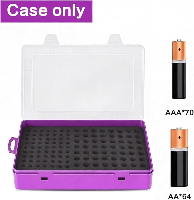 Battery Storage Organizer Case, Battery Vault Box Holder Container for 134pcs AA AAA Batteries, Garage Organization Carrying Bag Fits Home Kitchen Warehouse, Purple (Batteries Not Include)