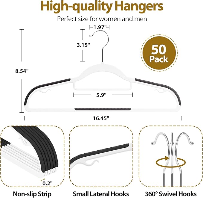UEAKPIC Plastic Hangers 50 Pack, 16.5 in Heavy Duty Clothes Hangers with 360° Swivel Hook, Non-Slip Bar & 0.2" Ultra-Slim Space-Saving Organizers for Coats, Pants, Suits, Shirts, White & Black