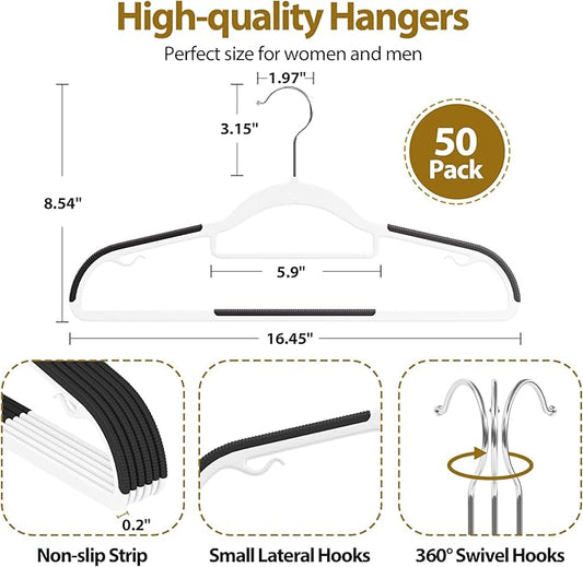 UEAKPIC Plastic Hangers 50 Pack, 16.5 in Heavy Duty Clothes Hangers with 360° Swivel Hook, Non-Slip Bar & 0.2" Ultra-Slim Space-Saving Organizers for Coats, Pants, Suits, Shirts, White & Black