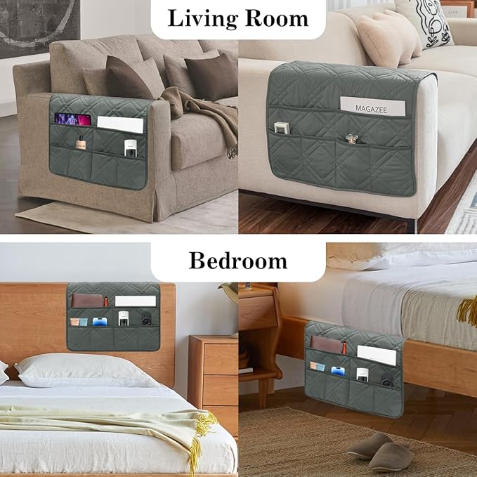 HADEEONG Couch Armrest Organizer Remote Control Holder Bedside Caddy with 6 Pockets, Non-Slip Armchair Caddy Sofa Armrest Organizer for Tv Remote Control, Magazine, Cell Phone, Dark Grey