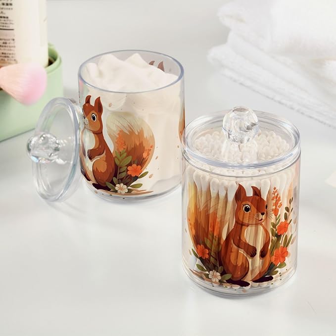 MNSRUU 4 Pack Qtip Holder Organizer Dispenser Cute Squirrel Pink Bathroom Storage Canister Cotton Ball Holder Bathroom Containers for Cotton Swabs/Pads/Floss