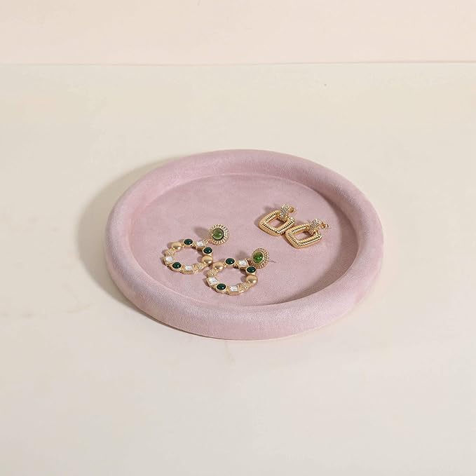 GemeShou Round Jewelry Organizer Plate, Top Microfiber Velvet Jewelry Display Tray, Empty Jewelry Showcase Tray for Necklaces, Bracelets, Rings, Earrings (Pink-Medium, 7.9 x 7.9 in)