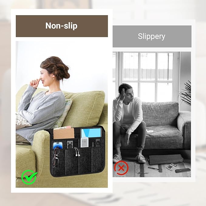 Meeall Armchair Caddy & Remote Control Holder for Couch & Recliner | Non-Slip Armrest Organizer with 6 Pockets for TV Remote, Phone, Tablet, Magazine & More, 19 x 35 Inches, Black