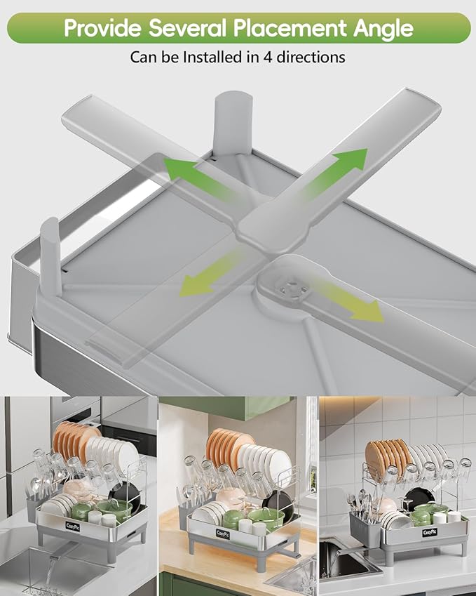 CosyPic 2 Tier Dish Drying Rack, Thicker Premium 304 Stainless Steel Dish Racks for Kitchen Counter, Automatic Drainage Spout, Dish Drainer & Drainboard Set with Utensil Holder and Cup Holder, Grey