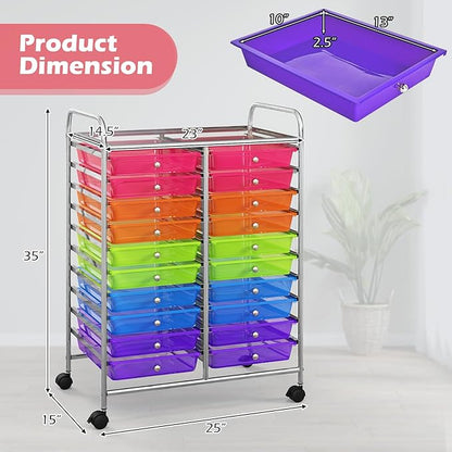 Rolling Cart with 20 Drawers, 20 Tiers Multicolor Trolley, Drawer Bin Carts with 2 Lockable Wheels, Adjustable File & Debris Organizer Cart, Rolling Storage Cart for Office, School, Home