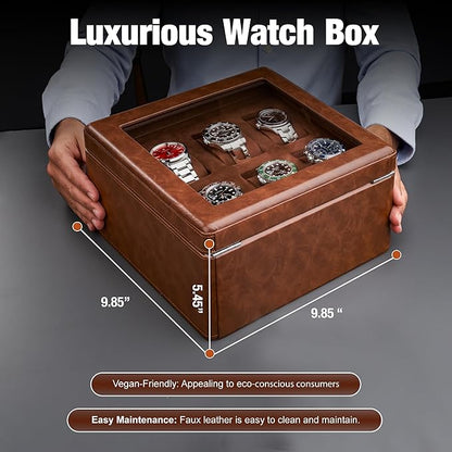 Awesometik 6 Slot LUXURY Faux Leather Watch Box Organizer. Real Glass Top. Watch Display & Watch Holder for Men. Watch Collection, Protection. For Men Ready to Gift (6 Slot Watch Box with Drawer)