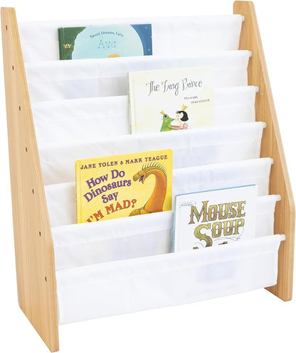 Humble Crew Kids Bookshelf 6-Tier Book Rack Organizer, Extra Large Toddler Bookcase with Fabric Storage Pockets, Front-Facing Display for Children’s Books, White/Natural Wood, Nursery/Playroom Storage | Humble Crew, White, Natural Wood, Super Size, 6 T...