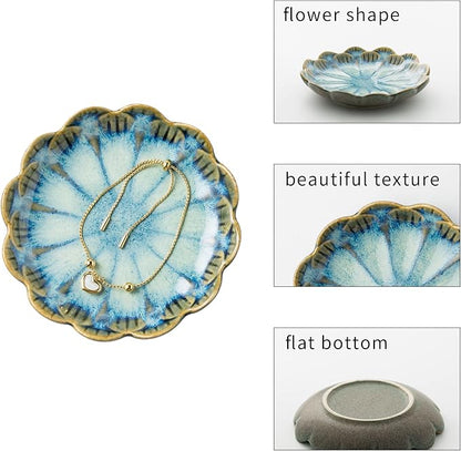 BEUNAIZER Jewelry Dish Tray, Ring Dish, Ceramic Trinket Tray, Key Bowl, Decorative Plate, for Friends Sisters Daughter Mother (retro blue)