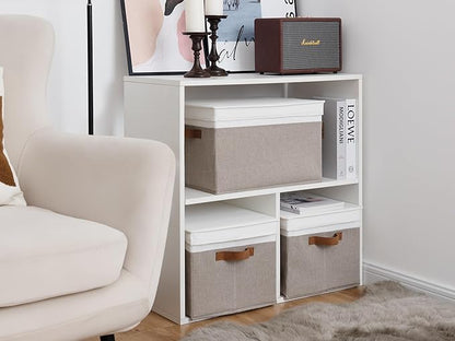 StorageWorks Storage Bins with Lids, Decorative Storage Boxes with Lid and PU Handles, Foldable Storage Baskets for Closet, Shelves, Stackable, Brown and White, Jumbo, 3-Pack