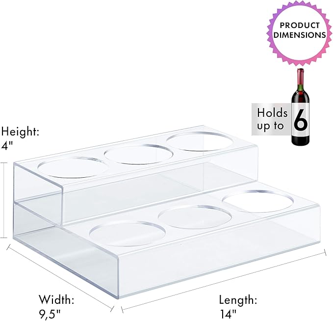Acrylic Bottle Holder Wine Display Riser | 6 Bottles, 2 Tier Rack | Bar Counter-Top Display Stand | Wine Rack Holder for Kitchen, Pantry, Fridge | Storage Organizer for Wine, Soda, Syrups and Beer