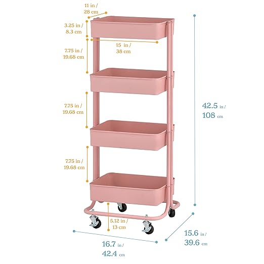 ECR4Kids 4-Tier Metal Rolling Utility Cart, Multipurpose Storage, Pink