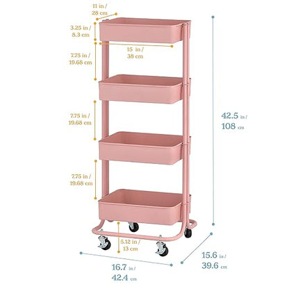 ECR4Kids 4-Tier Metal Rolling Utility Cart, Multipurpose Storage, Pink