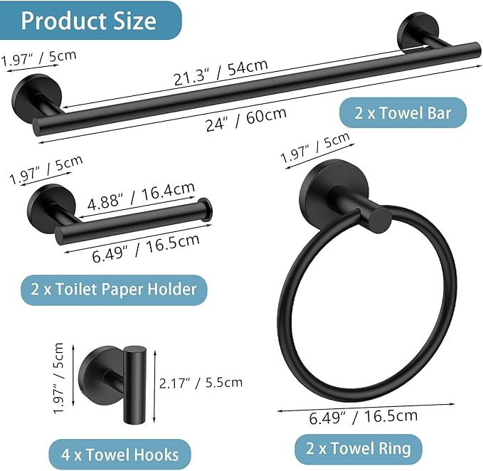 Newfun 10-Pieces 24 Inch Matte Black Bathroom Hardware Set, Includes 24 Inch Towel Racks for Bathroom Wall Mounted, Toilet Paper Holder, Towel Hooks for Bathrooms, Towel Rings for Bathroom Wall