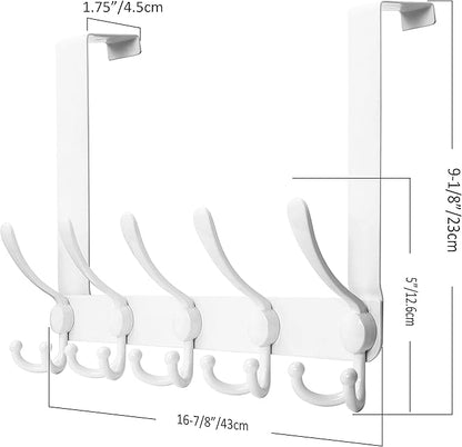 SKOLOO Over The Door Hook - for Doors up to 1-3/4'' Thickness, Pack of 2, Metal Door Hanger with 5 Triple Hooks, Over The Door Hanger for Coats, Hats,Towels, White, Assembly Required