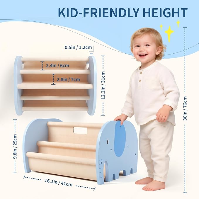 Double Sided Kids Bookshelf – 2 Tier Portable Toddler Bookshelf, Book Shelf for Kids Rooms & Playroom, Cute Elephant Design Wooden Montessori Baby Bookshelf,Toddler Book Display Shelves,Blue