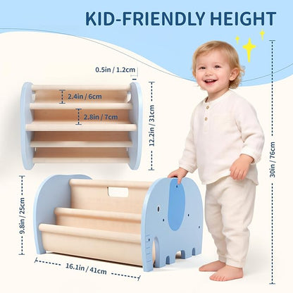 Double Sided Kids Bookshelf – 2 Tier Portable Toddler Bookshelf, Book Shelf for Kids Rooms & Playroom, Cute Elephant Design Wooden Montessori Baby Bookshelf,Toddler Book Display Shelves,Blue