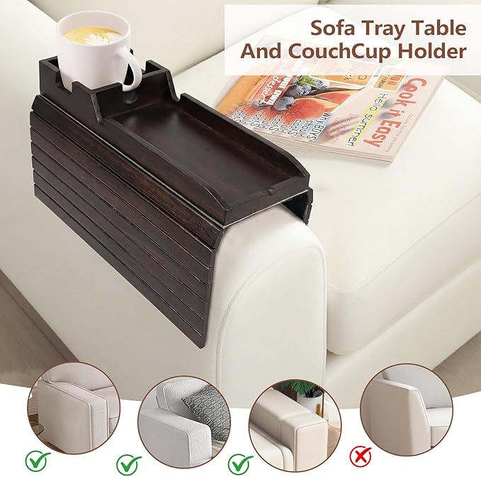 Foldable Bamboo Couch Arm Tray with Cup Holder - Anti-Slip Sofa Armrest Organizer for Drinks, Snacks, Remotes, Phones & More - Eco-Friendly Home Decor Gift (Brown)