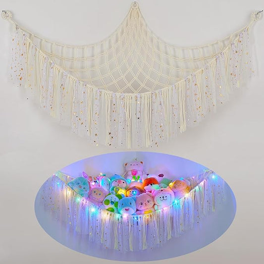FIOBEE Stuffed Animals Net or Hammock with LED Light, Toy Hammock Hanging Stuffed Animals Storage Organizer Holder Room Décor for Nursery Kids Bedroom
