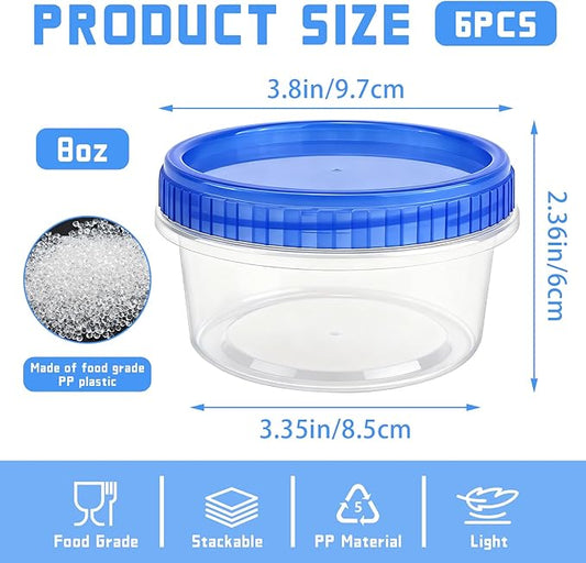 ISUSSER 6 Pack Freezer Containers with Screw On Lids, 8 Oz Stackable Reusable Plastic Storage Container, Airtight Plastic Food Storage Containers with Twist Top Lids for Food Soup Jello Sauce