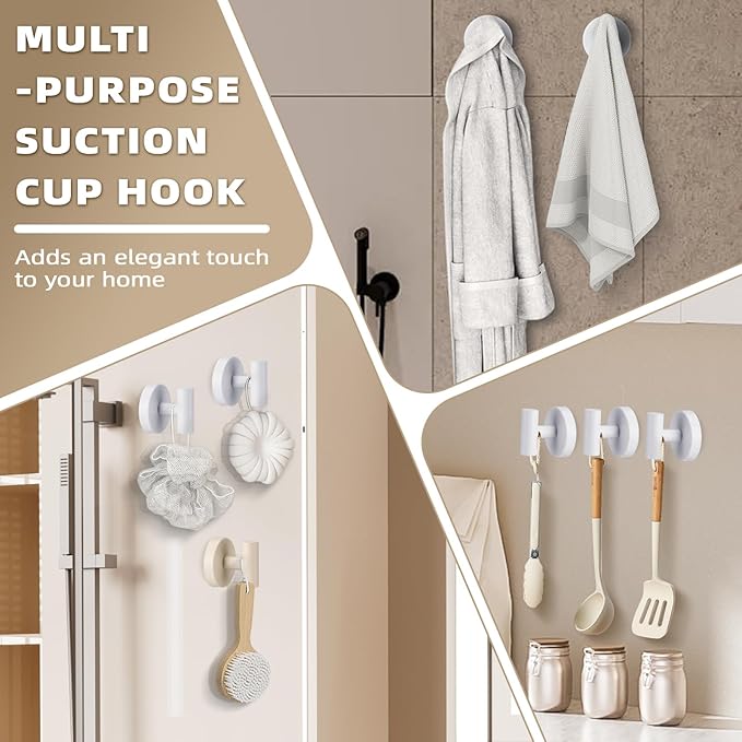 Fenas Suction Cup Hooks for Shower - Bathroom Reusable Hooks for Towels, Robes & Loofah - No-Drill Mounting on Kitchen,Walls,Metal,Glass,Mirrors,Tile & Smooth Non-Porous Surfaces (2, White)