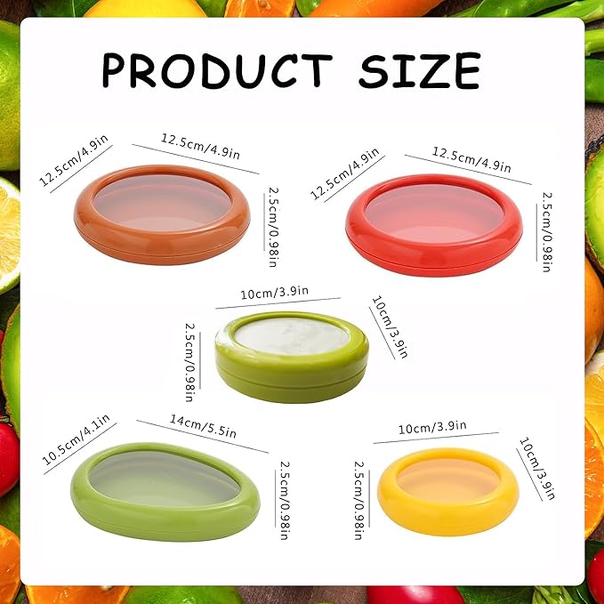 Weesdsio 5 Pcs Avocado Saver and Tomato Holder Set of 5 Reusable Storage Containers for Fridge Silicone Fruit and Vegetable Anti-Oxidation Storage Box Ideal for Garlic, Onions, Lemons, and Potatoes