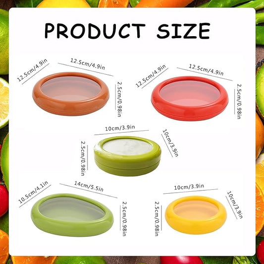 Weesdsio 5 Pcs Avocado Saver and Tomato Holder Set of 5 Reusable Storage Containers for Fridge Silicone Fruit and Vegetable Anti-Oxidation Storage Box Ideal for Garlic, Onions, Lemons, and Potatoes