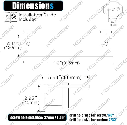 KOKOSIRI Bathroom Shelves Glass Floating Shelf 12-Inch for Bedroom Living Room Kitchen Hanging Rack Rustproof Wall Mounted Black 2 Pack B1105BK-L12-P2