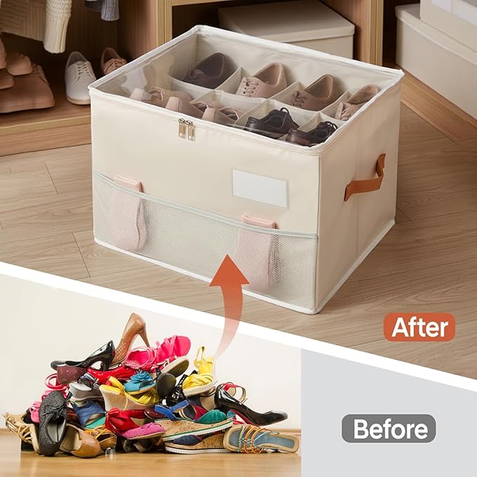 Chewlish Shoe Organizer for Closet, Foldable Shoe Storage Organizer Containers with Clear Cover, Space Saving Shoes Holder with Handles, Beige (2, L)