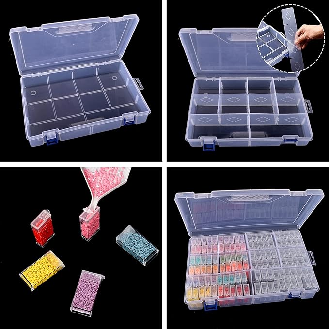 SGHUO 120 Slots Diamond Painting Storage Container, 5D Diamond Accessories Embroidery Box Tools Kit for Beads, Seed, Art Craft with Funnel and Labels