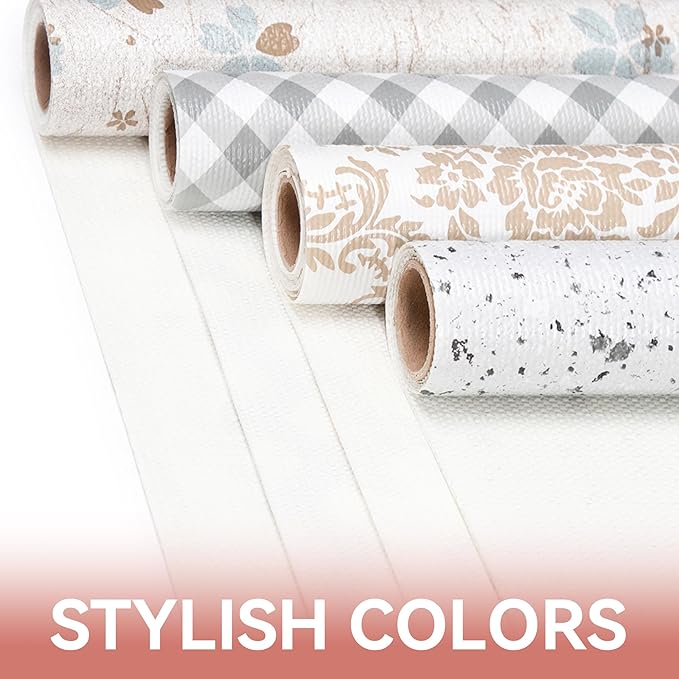 RAY STAR Shelf Liner, Non Adhesive Golden Damask Floral Cabinet Liner for Pantry Drawer, Strong Grip Non Slip Waterproof, Shelf Liners for Kitchen Cabinets Organization 18 Inch x 8 FT (3 Rolls)
