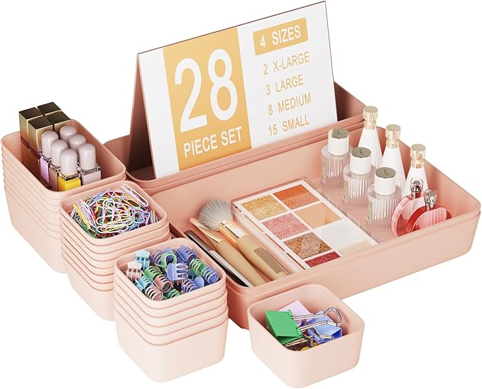 Homhut Plastic Drawer Organizers, 28 PCS Drawer Organizer Bins, Bathroom and Vanity Organizer Plastic Tray, Makeup organizer and storage for Makeup, Bedroom, Kitchen Gadgets Utensils and Office