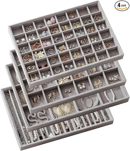 KATISYIO Large Jewelry Drawer Organizer Trays Set of 4, Stackable Velvet Jewelry Trays Organizer Holder Display Storage Showcase for Earring Necklace Bracelet Ring Accessary (Gray, 12+17+24+48 Grids)