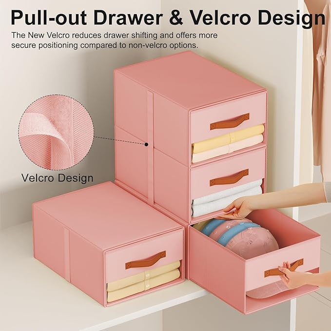 Stackable Storage Drawers - Pull Out Storage Bins with Drawers for Closet Clothes Organizers with Weekly Labels & Clear Window, Closet Shelf Storage for Bedroom, Living Room, 5 Pack, Pink