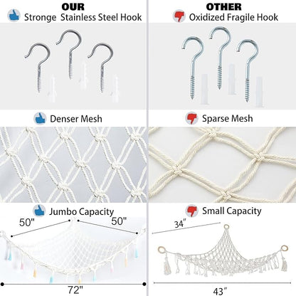Stuffed Animal Net or Hammock with Light,Yewiwin Macrame Hanging Net Hammock for Stuffed Animal Toy Storage Organizer Boho Decor Room Holder for Nursery Play Room Bedroom (Beige(55"*55"*72"))