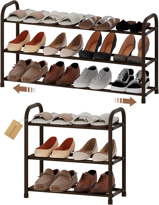 Expandable Shoe Rack, 3-Tier Metal Small Shoe Rack, Adjustable Shoes Organizer, Storage Shelf for Closet, Entryway, Brown