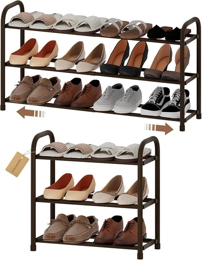 Expandable Shoe Rack, 3-Tier Metal Small Shoe Rack, Adjustable Shoes Organizer, Storage Shelf for Closet, Entryway, Brown